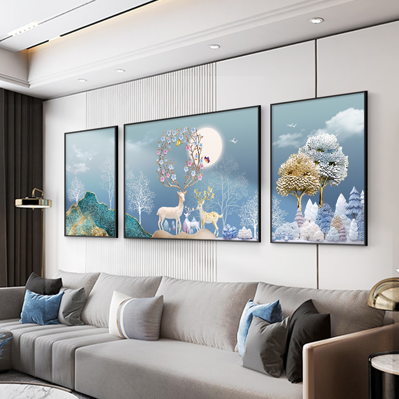定做墙花开福禄客装饰画现代简沙画背发景挂轻墙奢大气约面装饰厅图片