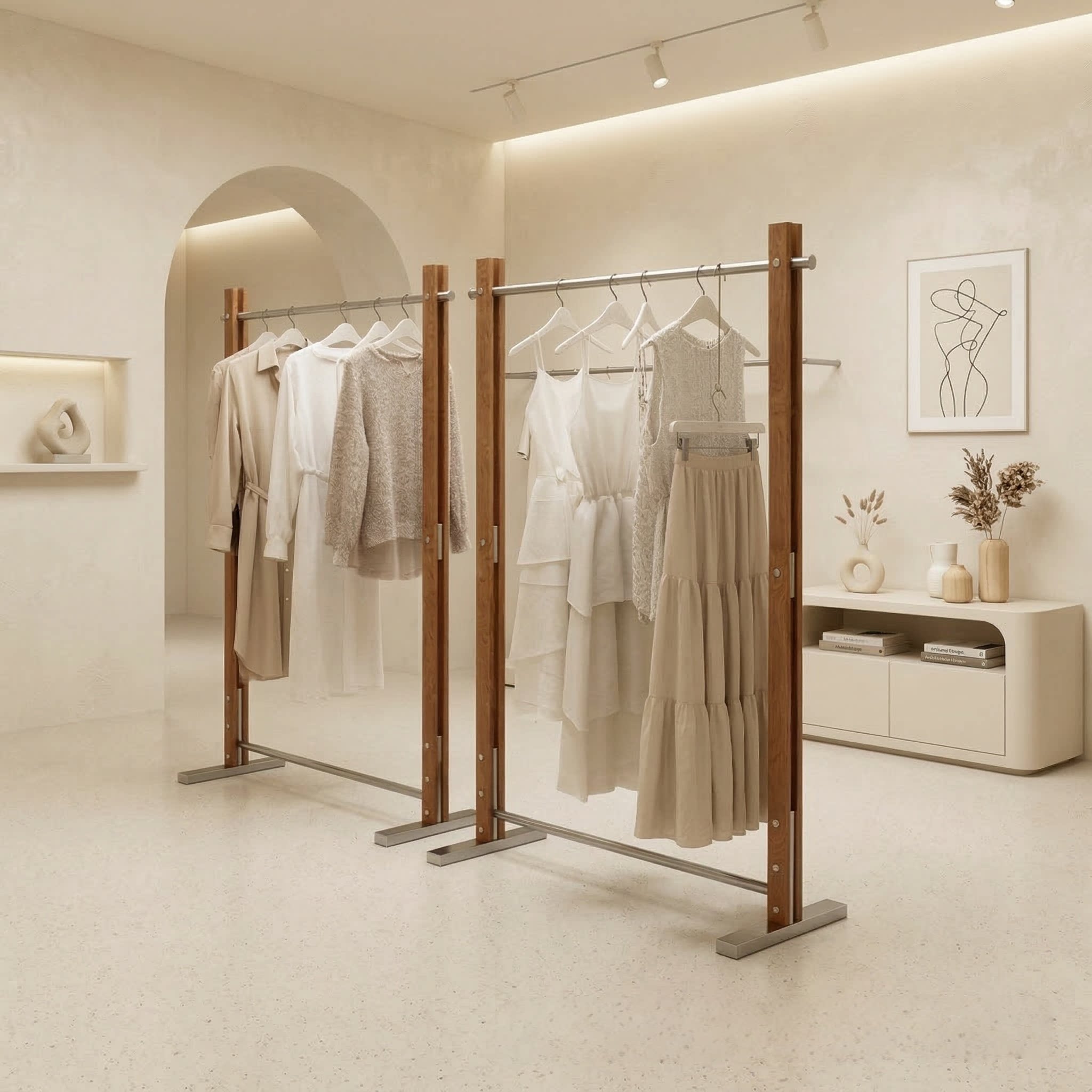 服装店展示架不锈钢中古风落地式胡桃木色挂衣中岛架女装店陈列架