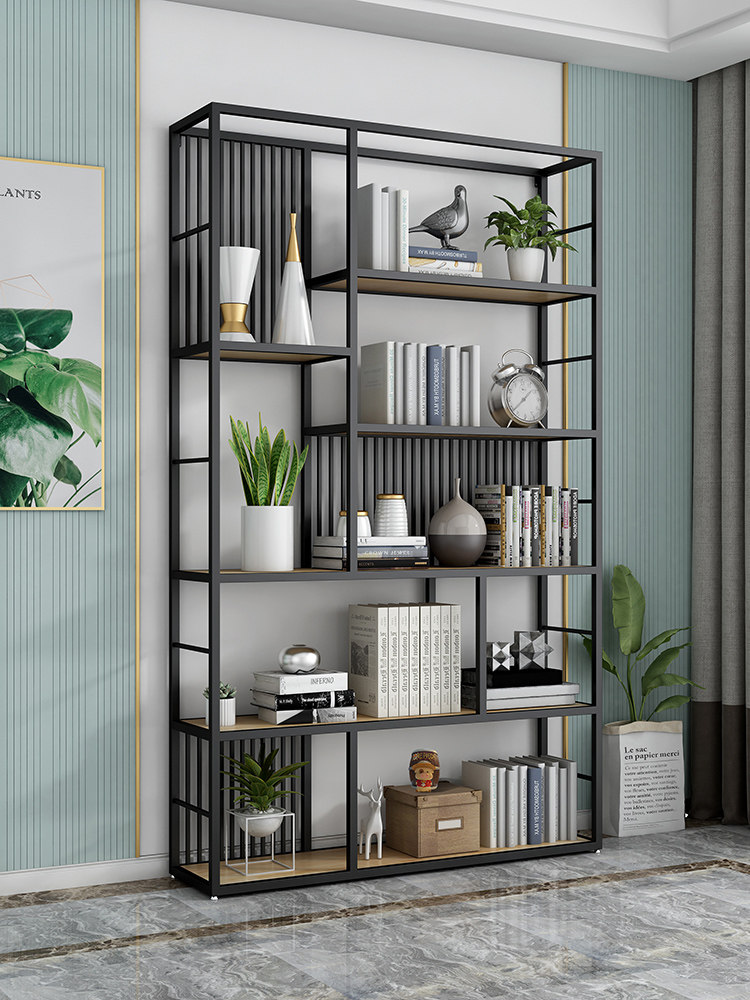 轻奢铁艺书架现代落地隔断置物架北欧客厅简约玄关隔板金属收纳柜