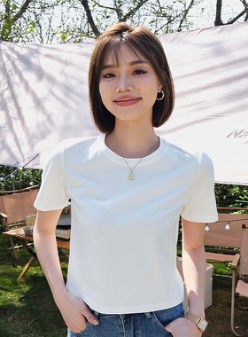宋小妞 短款纯白色t恤女夏正肩短袖新款纯色短t纯棉圆领韩版体恤