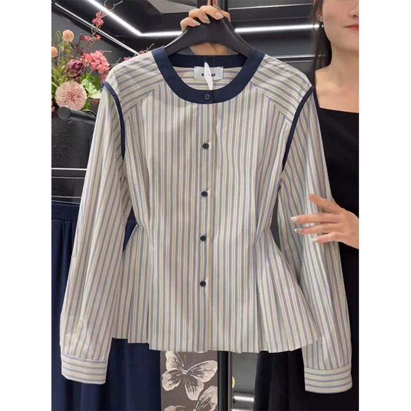 大码2025秋季新款别致独特显瘦衬衫女时尚设计感撞色条纹长袖上衣