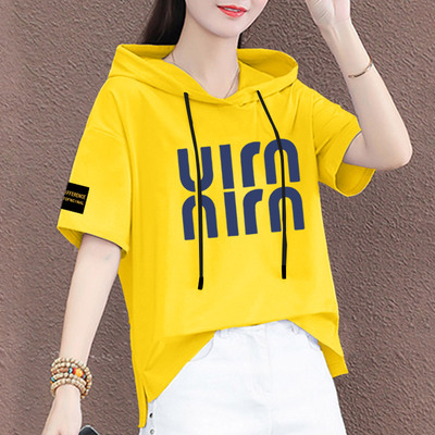 2025夏季新款纯棉连帽黄色T恤女短袖薄款宽松大码体恤休闲上衣潮