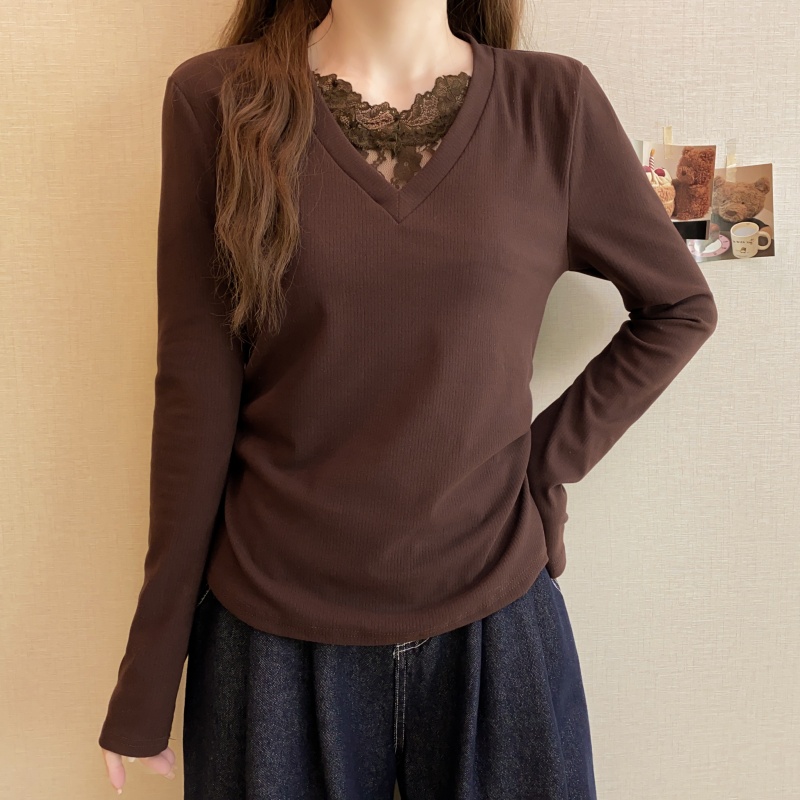 2025新款秋冬季韩版时尚百搭显瘦纯色收腰V领蕾丝拼接打底衫上衣