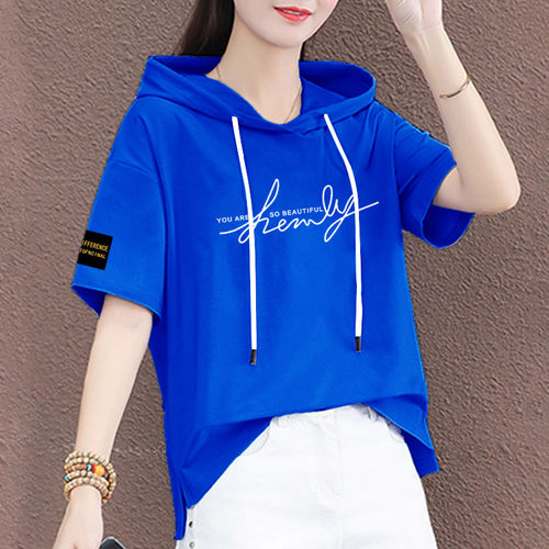 纯棉t恤女短袖2026夏装新款时尚休闲开叉设计感半袖连帽卫衣上衣