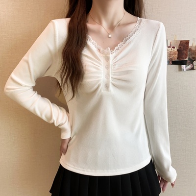 法式蕾丝白色内搭打底衫长袖t恤女新款高级感修身外穿显瘦上衣服