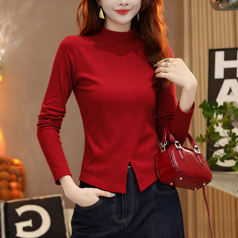 秋冬保暖内搭打底衫女士2025新款修身拼接T恤内搭半高领开叉上衣