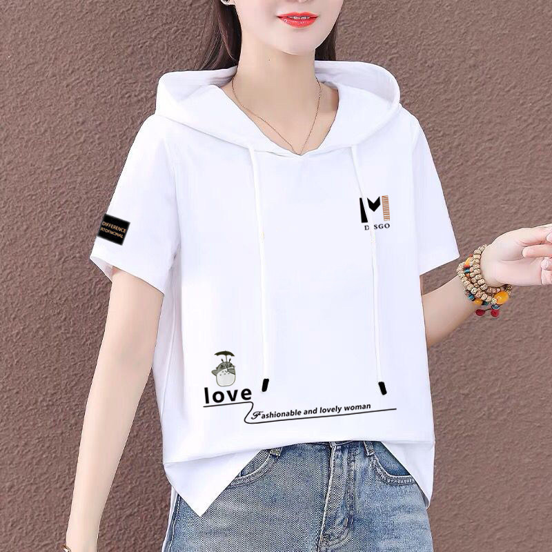 纯棉休闲短袖t恤女大码新款韩版运动连帽字母印花薄款卫衣女夏装