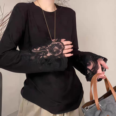 大码女装高级感蕾丝镂空内搭长袖t恤早秋胖mm显瘦遮肉打底衫上衣