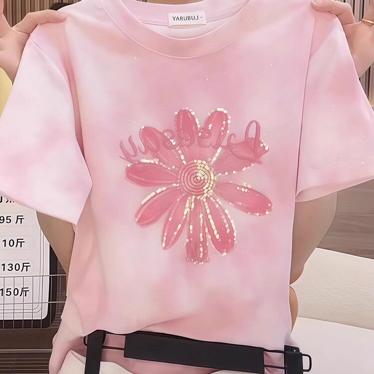 欧货正肩纯棉粉色重工亮片短袖T恤女夏装新款设计感宽松大码上衣
