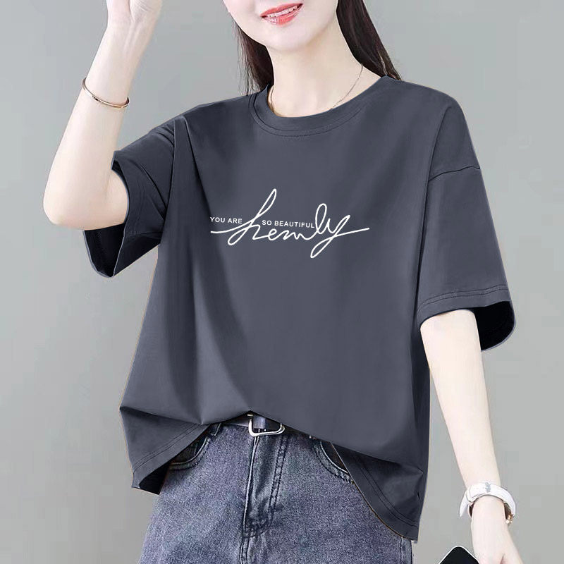 夏季新款宽松短袖t恤女士洋气时尚女装正肩圆领显瘦上衣半袖体恤图片