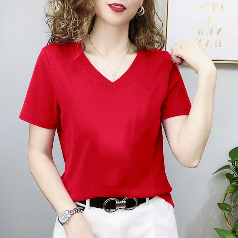 时尚洋气V领夏季薄款短袖t图片