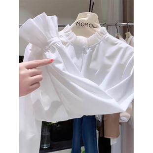 微胖mm宽松高级感白色长袖 大码 上衣 2025秋季 设计木耳边领百搭衬衫