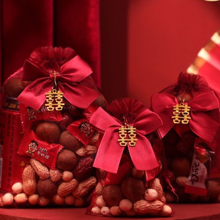 2024喜糖袋子结婚瓜子花生抽绳网纱袋婚礼喜糖盒子糖果袋喜庆抽拉