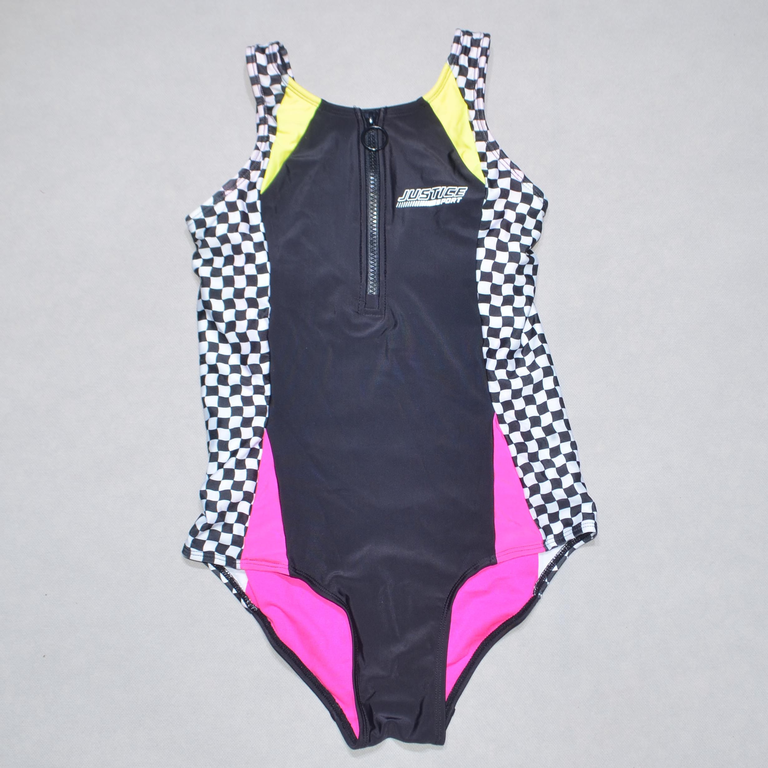 美国原单JUST****经典黑色配黑白格子海滩泳池连体泳衣女童中大童