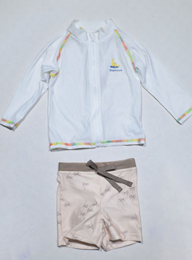 日本原单SOPH****椰树短裤白色长袖款海滩泳池分体泳衣女童中小童
