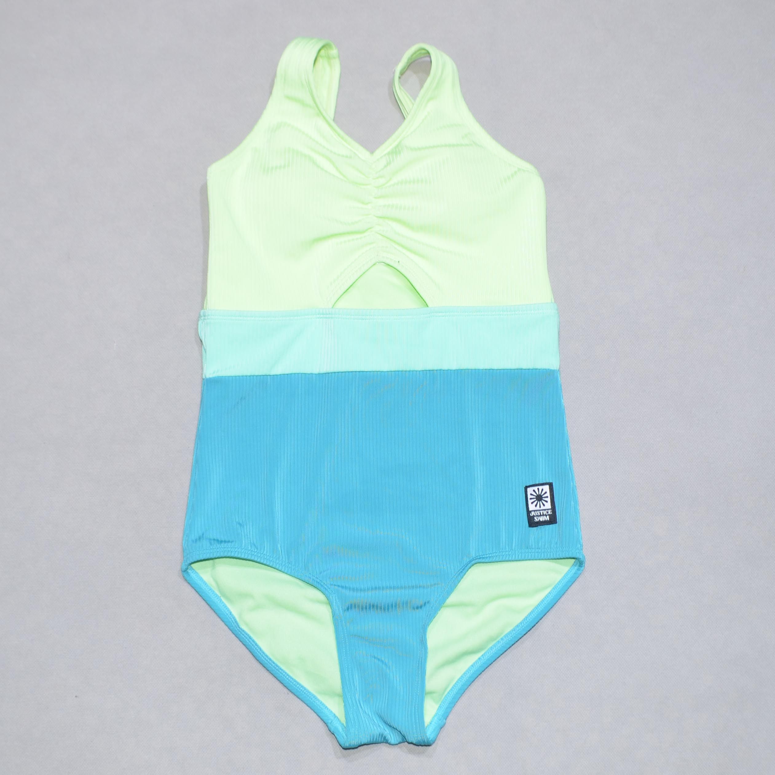 美国原单JUST****黄绿蓝螺纹布带胸垫海滩泳池连体泳衣女童中大童