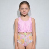 美国原单JUST 可爱粉色黄带胸垫海滩泳池连体泳衣女童中大童