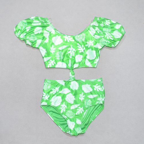 美国原单GEOR****可爱绿色植物花海滩泳池游泳连体泳衣女童中大童