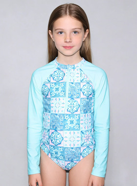 美国原单GEOR****绿色方格长袖防晒海滩泳池连体泳衣女童中小童