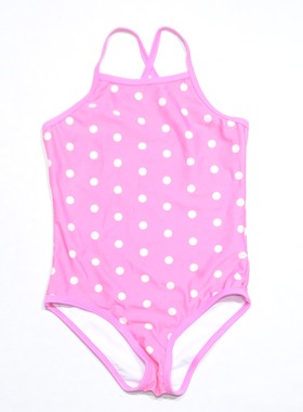 法国原单BOUT****粉红底白圆点交叉带海滩泳池连体泳衣女童中小童