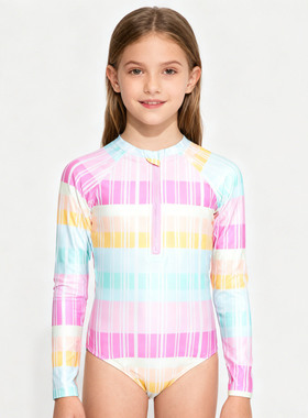 美国原单GEOR****彩色竖条纹长袖防晒海滩泳池连体泳衣女童中小童