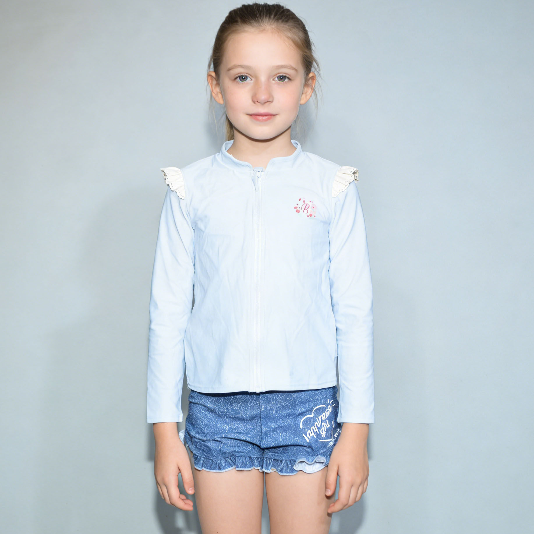 日本原单BIQU**牛仔蓝裤浅蓝上衣海滩泳池长袖分体泳衣女童中小童