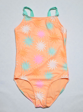 美国原单GEOR****橙底红黄绿白椰树花海滩泳池连体泳衣女童中小童