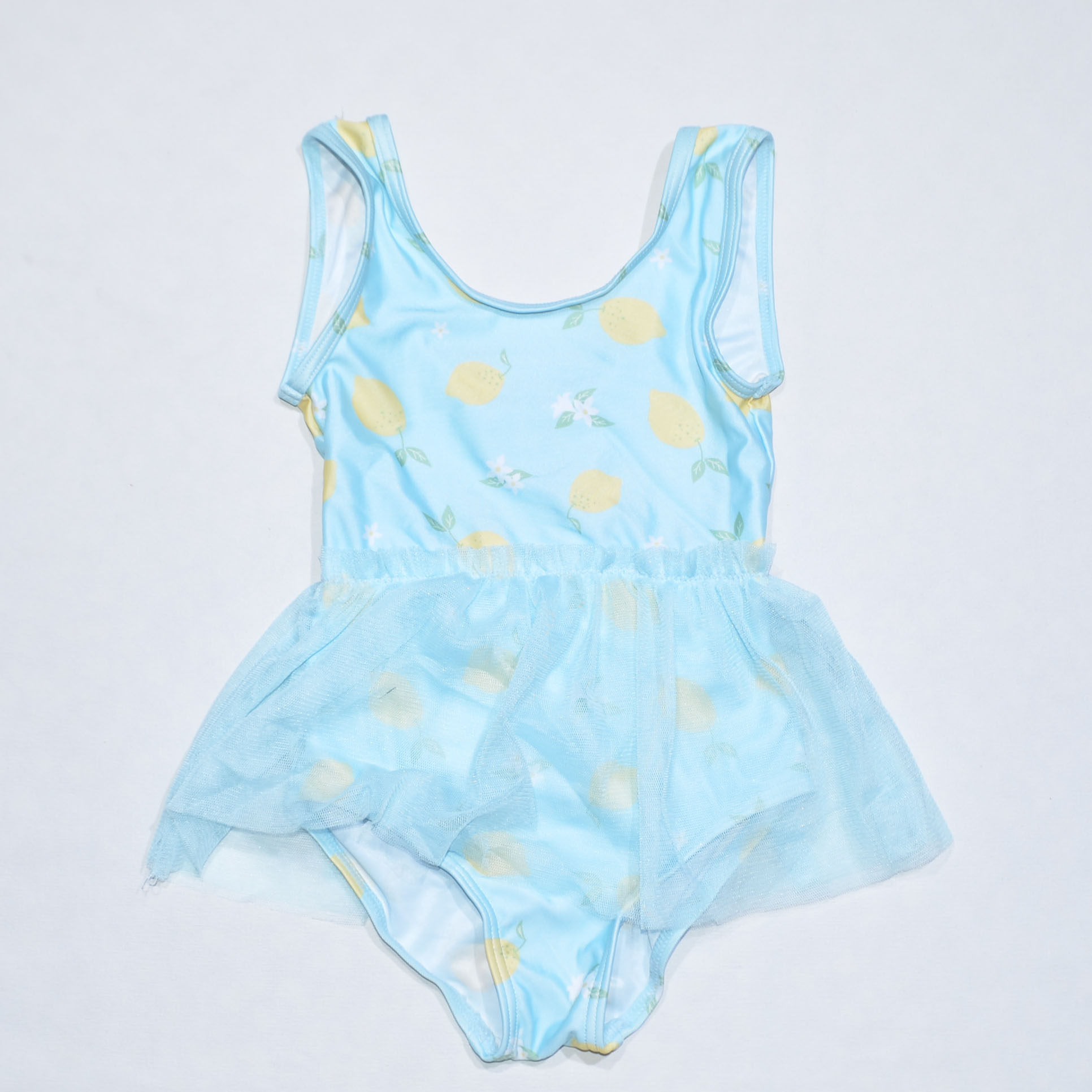 蓝底黄柠檬花海滩连体泳衣女小童