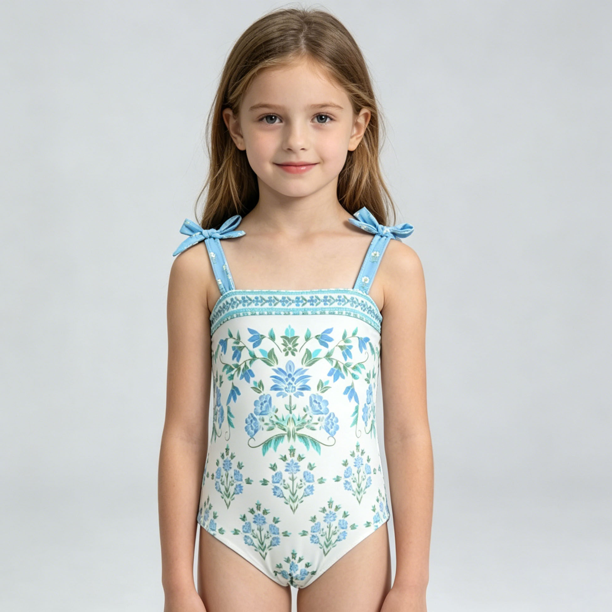 澳洲原单Alove***蓝白花双面穿带胸垫海滩泳池连体泳衣女童中大童