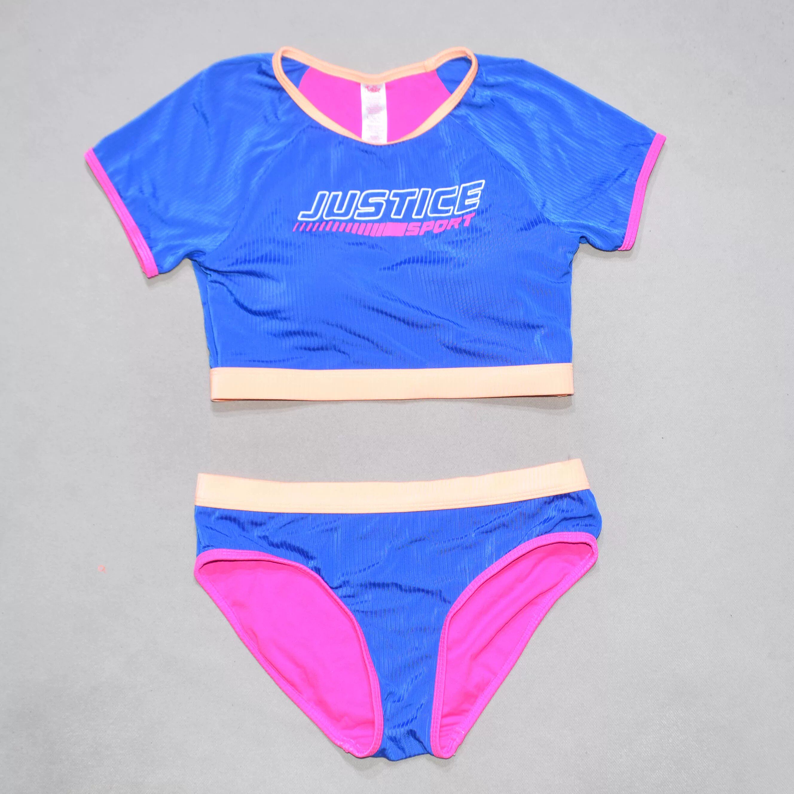 美国原单JUST****蓝色短袖防晒分体度假游泳比基尼泳衣女童中大童
