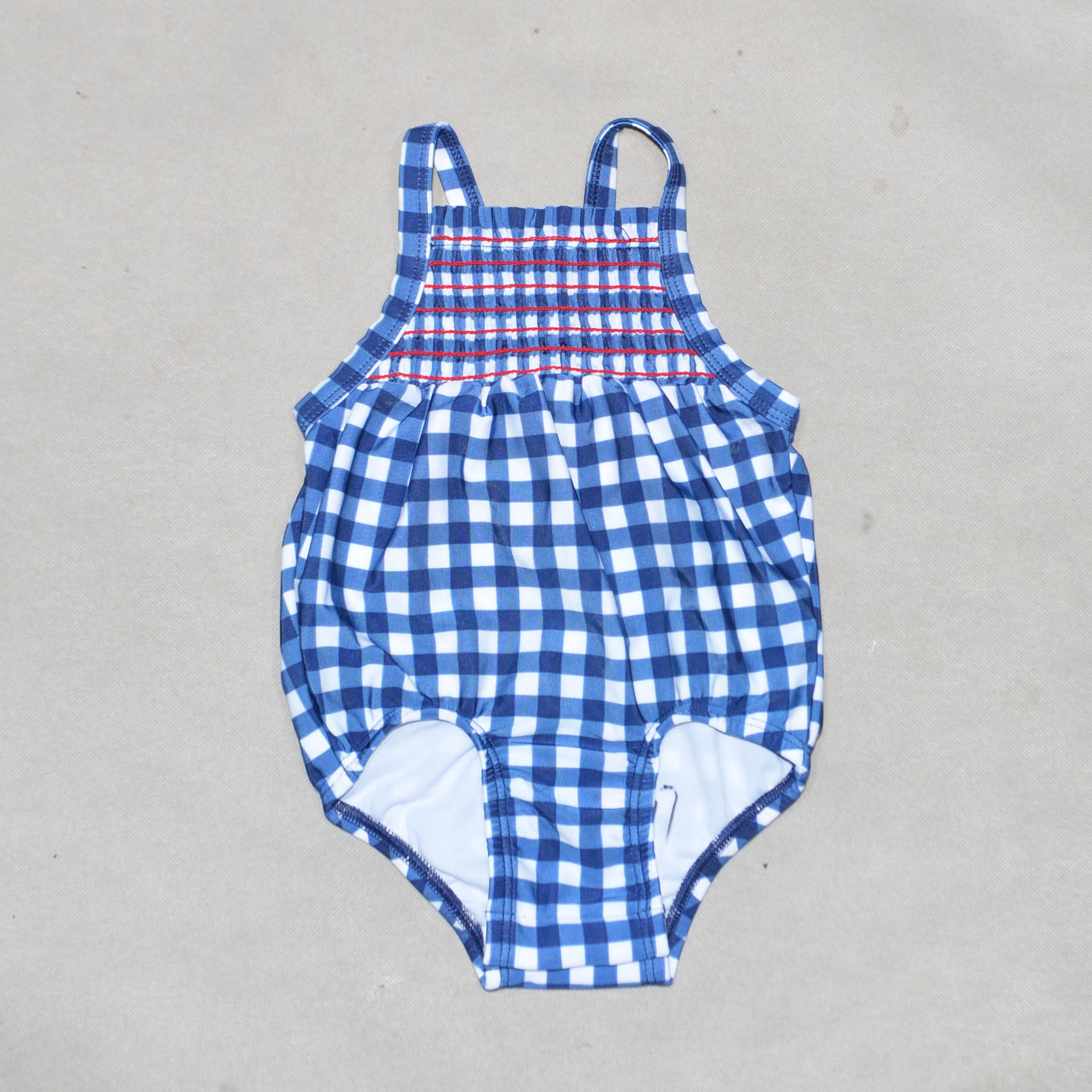 美国原单catb****蓝白格子抽褶档部开口海滩泳池连体泳衣女童小童