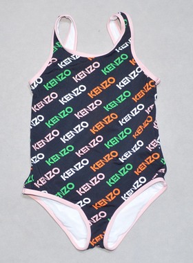 法国原单KENZ****黑底品牌字母配粉边海滩泳池连体泳衣女童中小童