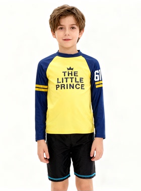 美国原单THEL****黄蓝上衣黑色裤长袖防晒海滩分体泳衣男童中大童