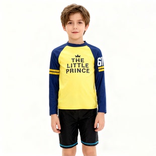 美国原单THEL****黄蓝上衣黑色裤长袖防晒海滩分体泳衣男童中大童