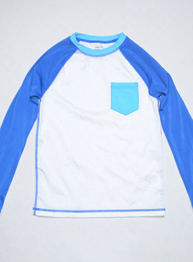 日本原单RASH****白色配蓝色长袖款防晒沙滩游泳男童中大童单上衣