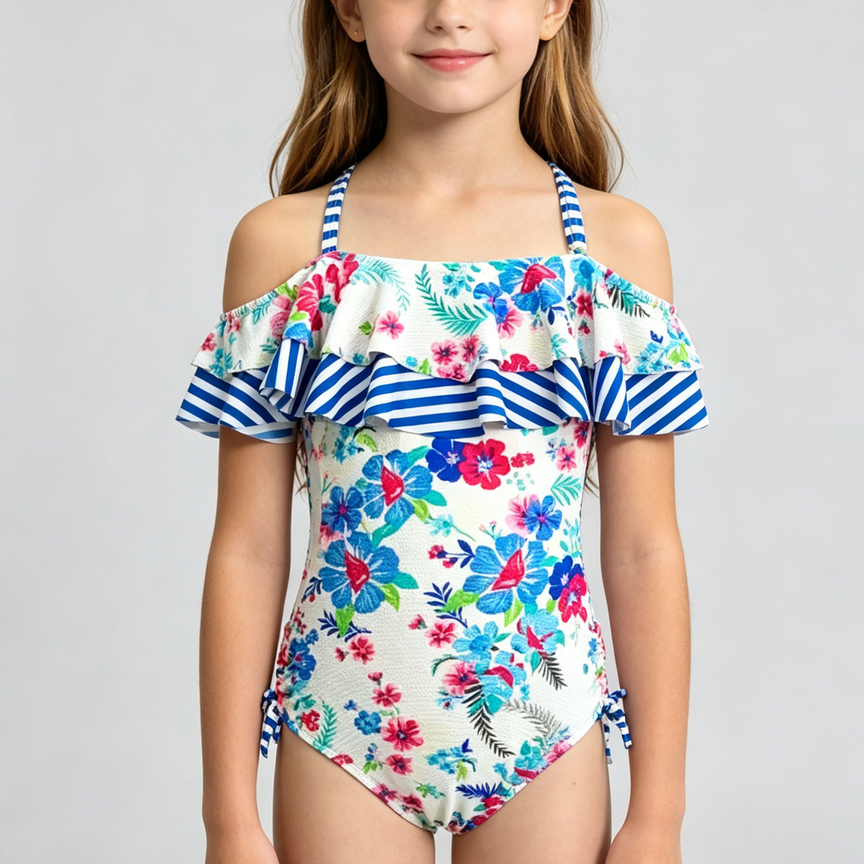 美国原单JESS****米白底绿叶红花花边款海滩泳池连体泳衣女童中童