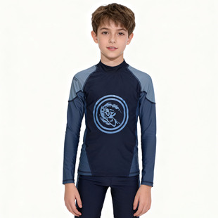 英国原单OCEA****质感黑色配灰袖子长袖防晒泳衣男童中小童单上衣