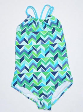美国原单KAMI**可爱蓝绿不规则三角花海滩泳池连体泳衣女童中大童