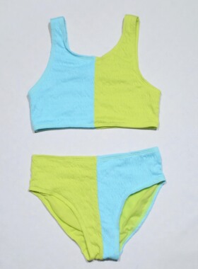 美国原单GEOR****可爱蓝绿配色无胸垫海滩度假分体泳衣女童中大童