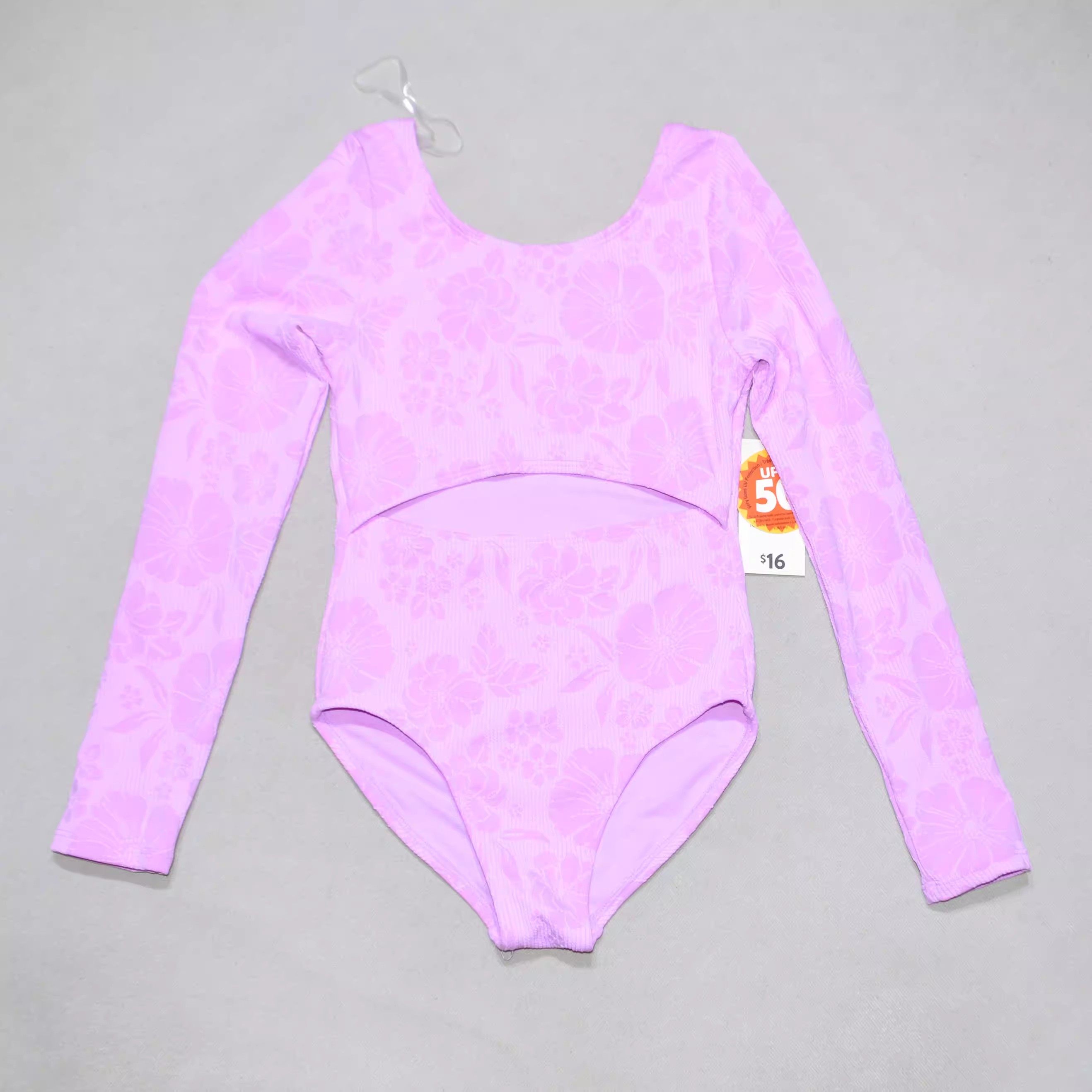 美国原单GEOR****紫色提花面料长袖防晒海滩泳池连体泳衣女童中童