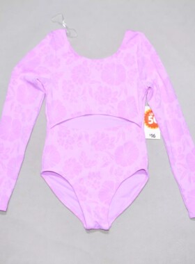 美国原单GEOR****紫色提花面料长袖防晒海滩泳池连体泳衣女童中童