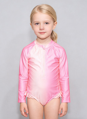 美国原单GEOR****红粉渐变色长袖防晒海滩泳池连体泳衣女童中小童