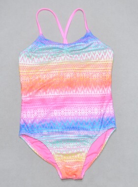 美国原单GEOR****可爱彩虹色交叉带海滩泳池连体泳衣女童中大童