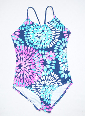 美国原单KAMI****宝蓝底红绿白花无胸垫运动款连体泳衣女童中大童