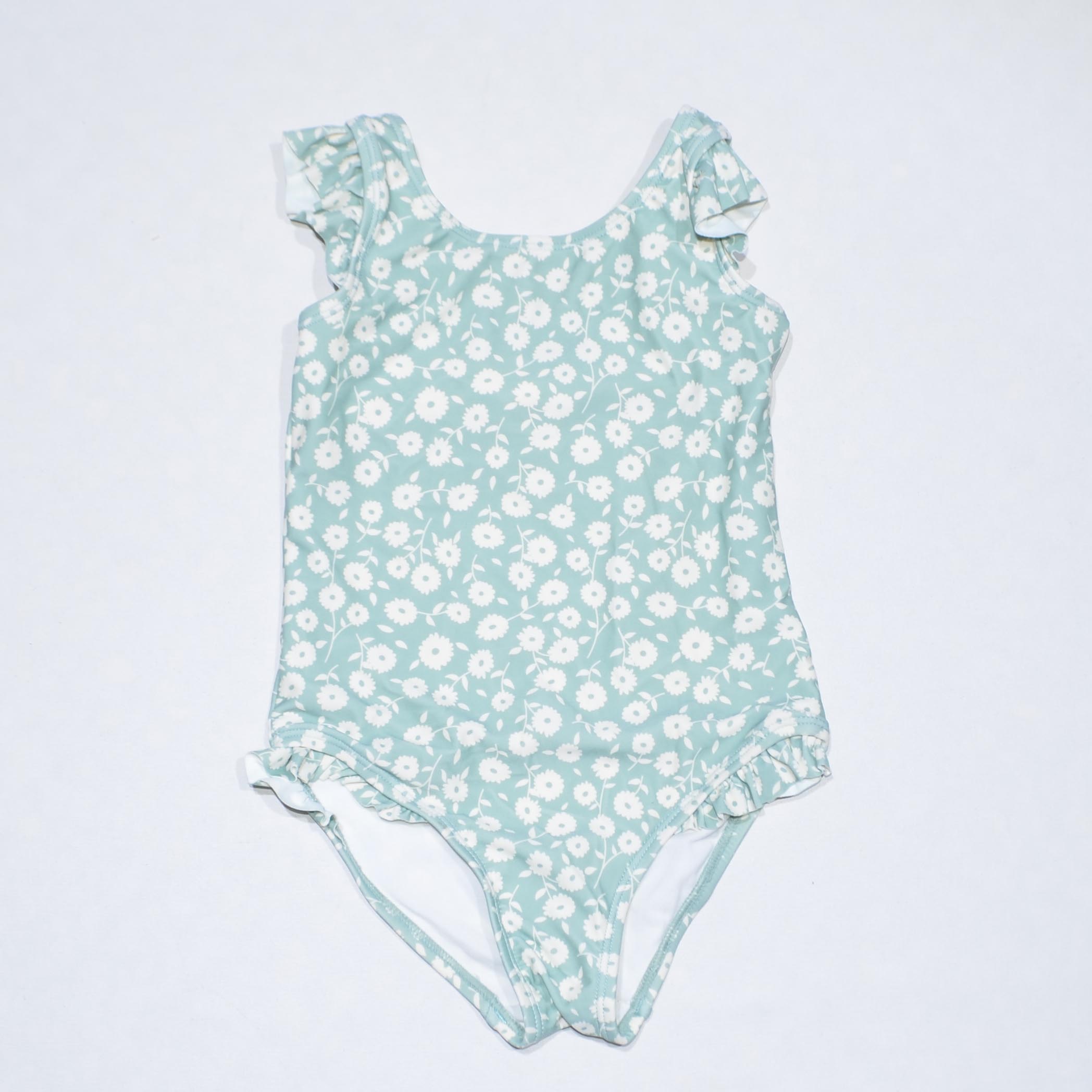 KIDS绿白花海滩游泳连体泳衣女童