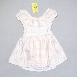 日本原单BRAN****可爱黄白格花边海滩泳池裙子连体泳衣女童中小童