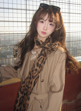 韩系复古豹纹长条系脖丝巾女2026