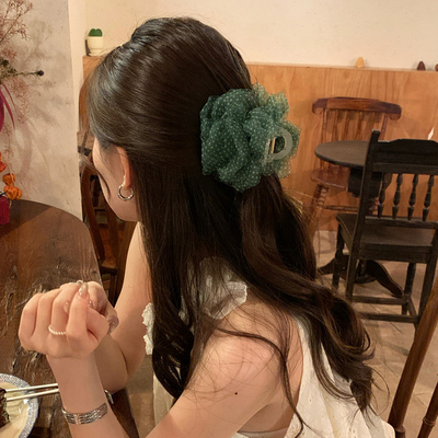 绿色波点花朵抓夹欧根纱发夹发饰