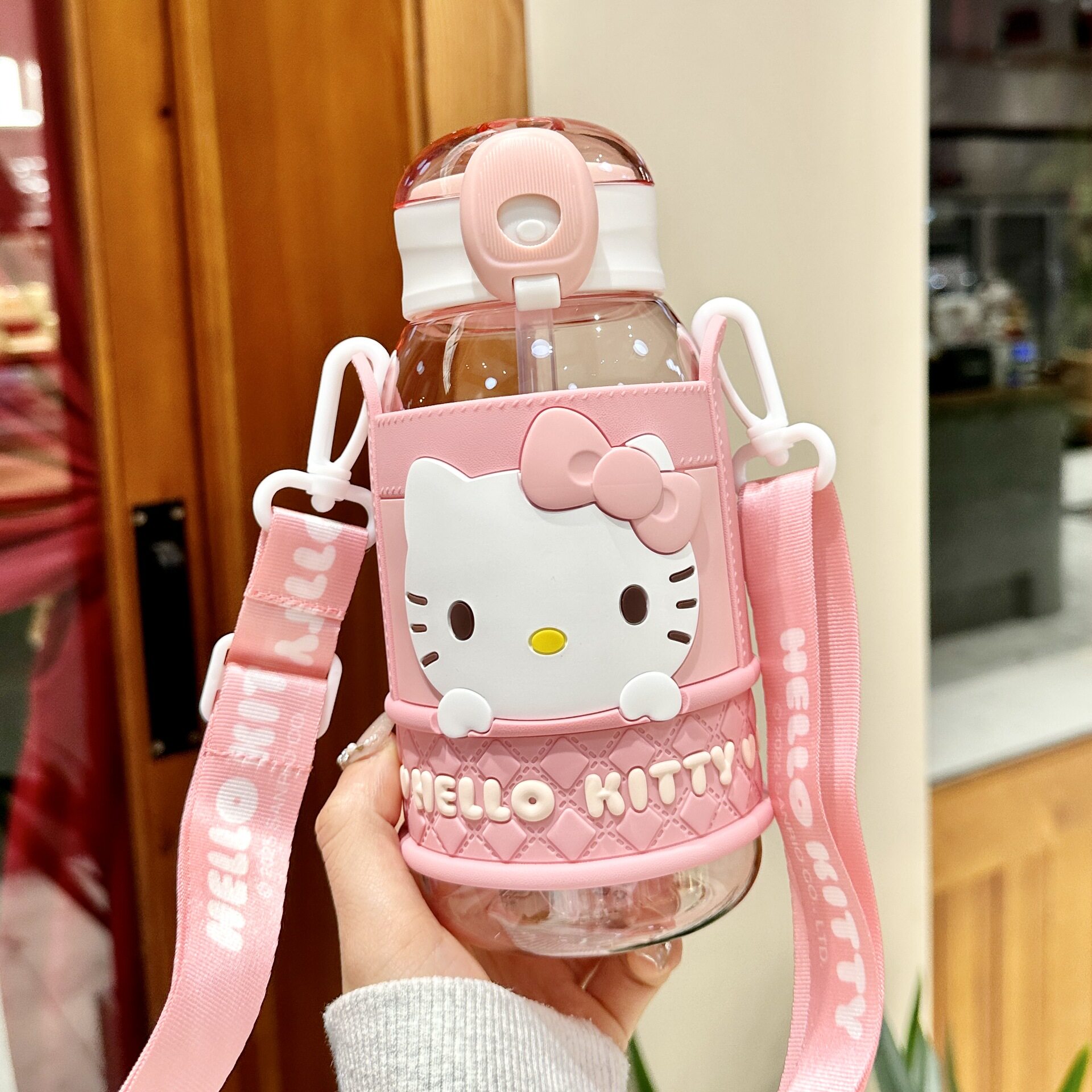 kitty水杯女生高颜值塑料杯子带吸管耐高温嗨喽kt背带水壶卡通