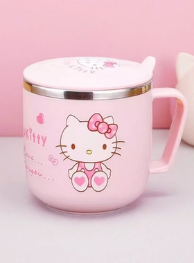 hallo kitty水杯儿童喝水家用卡通带盖不锈钢凯蒂猫杯子勺子套装